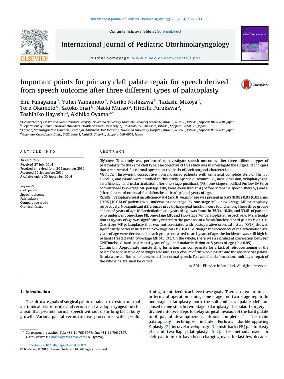 Important points for primary cleft palate repair for speech derived from speech outcome after three different types of palatoplasty
