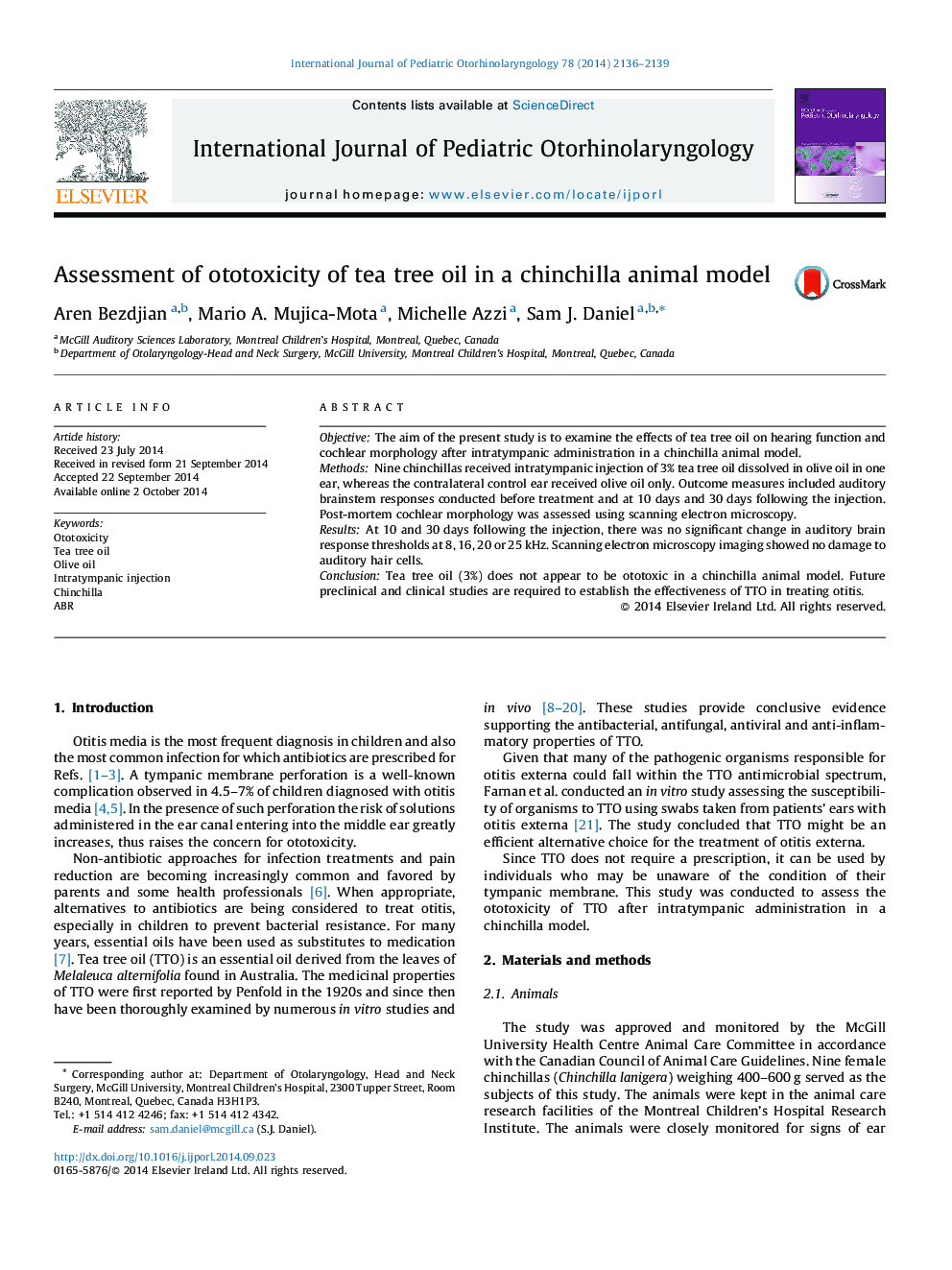 Assessment of ototoxicity of tea tree oil in a chinchilla animal model