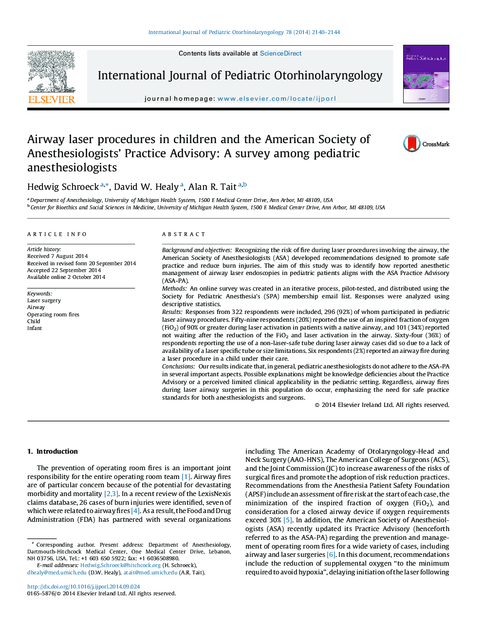 Airway laser procedures in children and the American Society of Anesthesiologists’ Practice Advisory: A survey among pediatric anesthesiologists