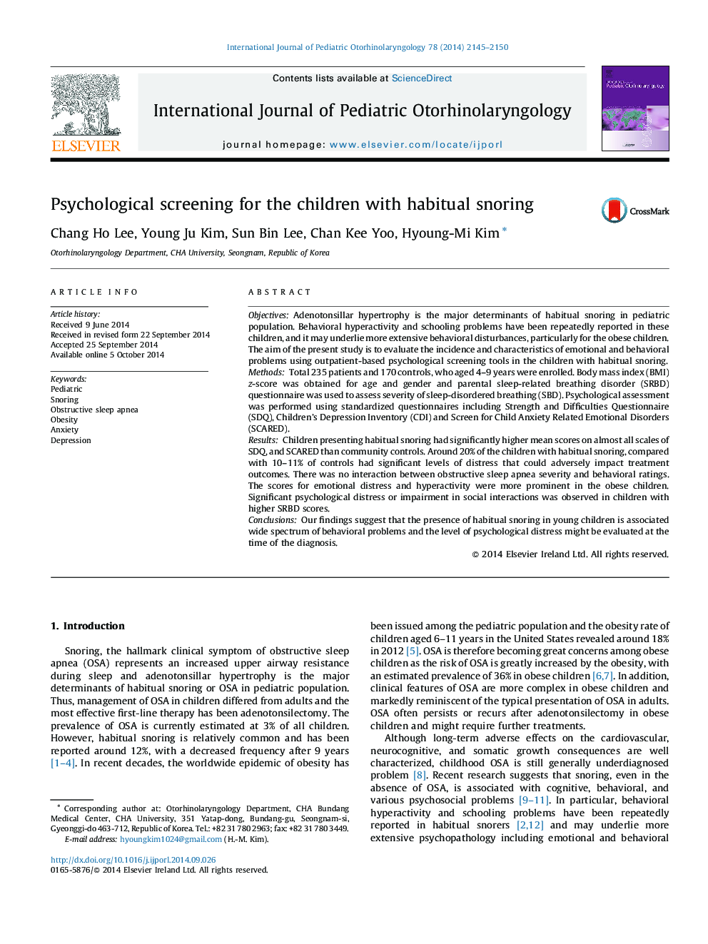 Psychological screening for the children with habitual snoring