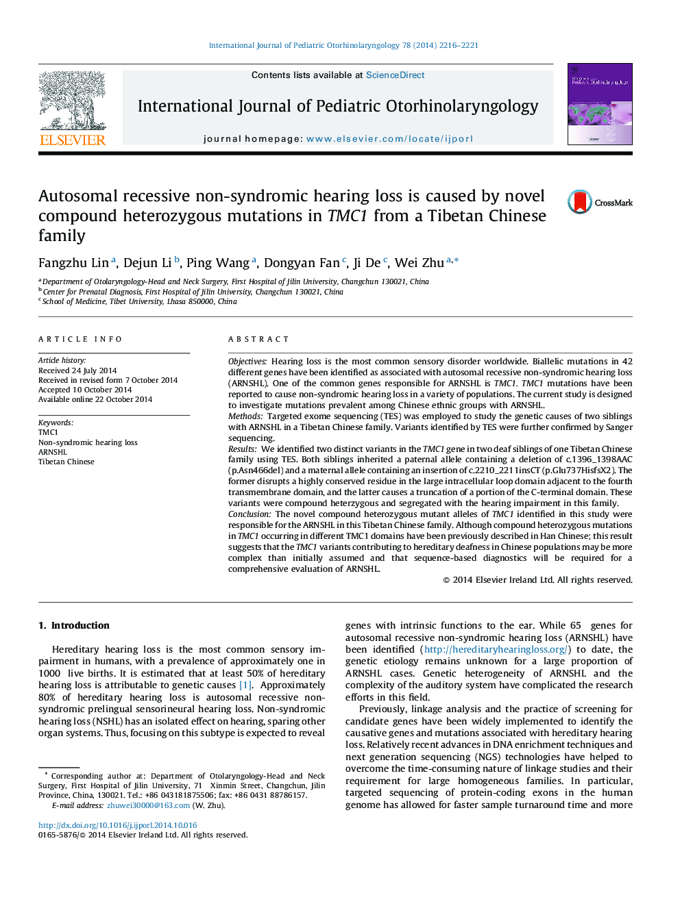 Autosomal recessive non-syndromic hearing loss is caused by novel compound heterozygous mutations in TMC1 from a Tibetan Chinese family