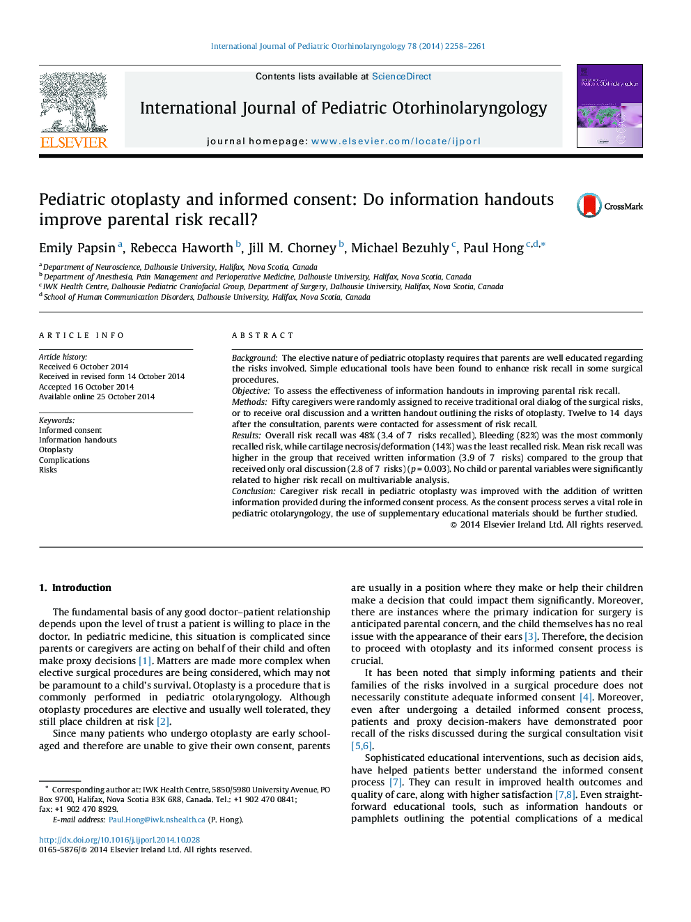 Pediatric otoplasty and informed consent: Do information handouts improve parental risk recall?