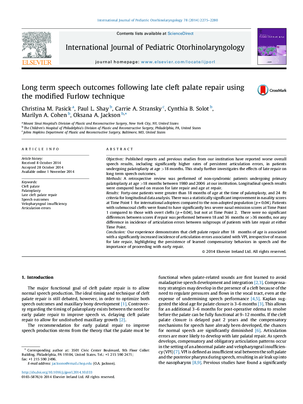 Long term speech outcomes following late cleft palate repair using the modified Furlow technique