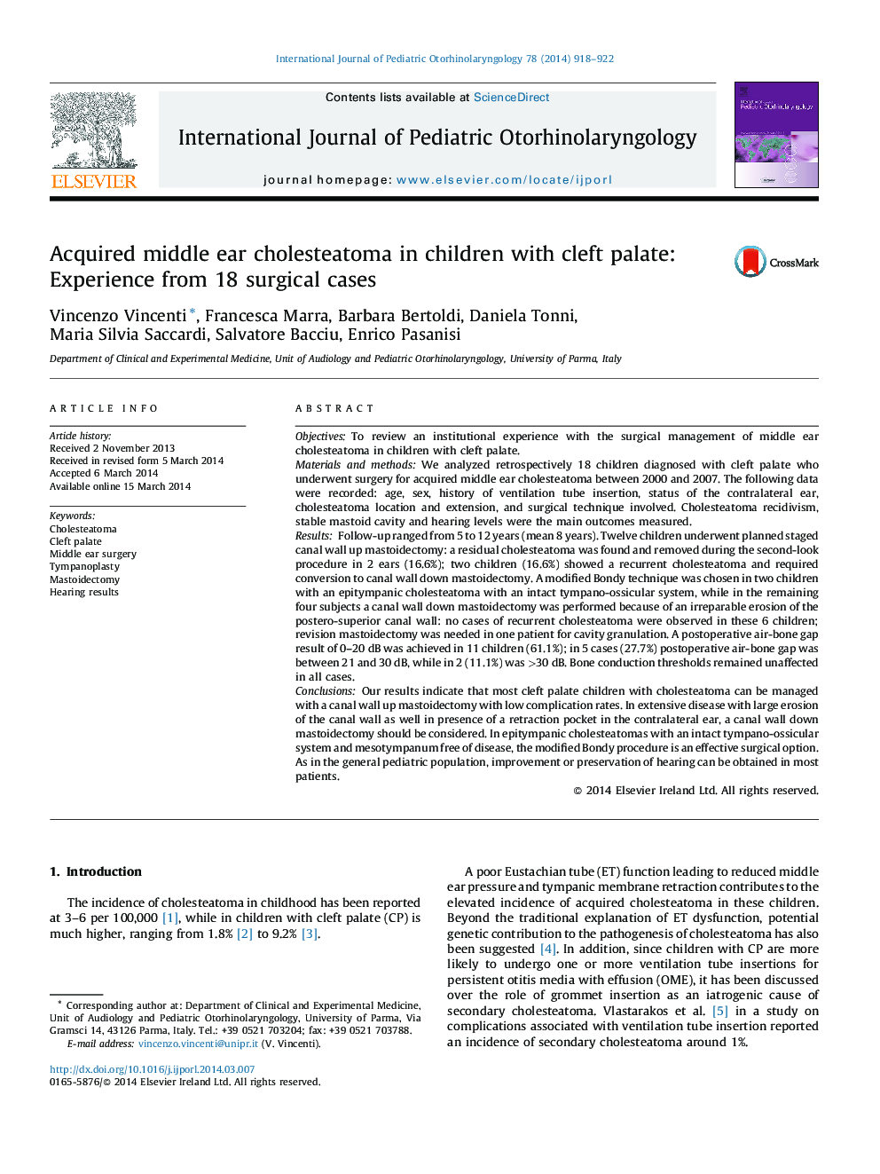 Acquired middle ear cholesteatoma in children with cleft palate: Experience from 18 surgical cases