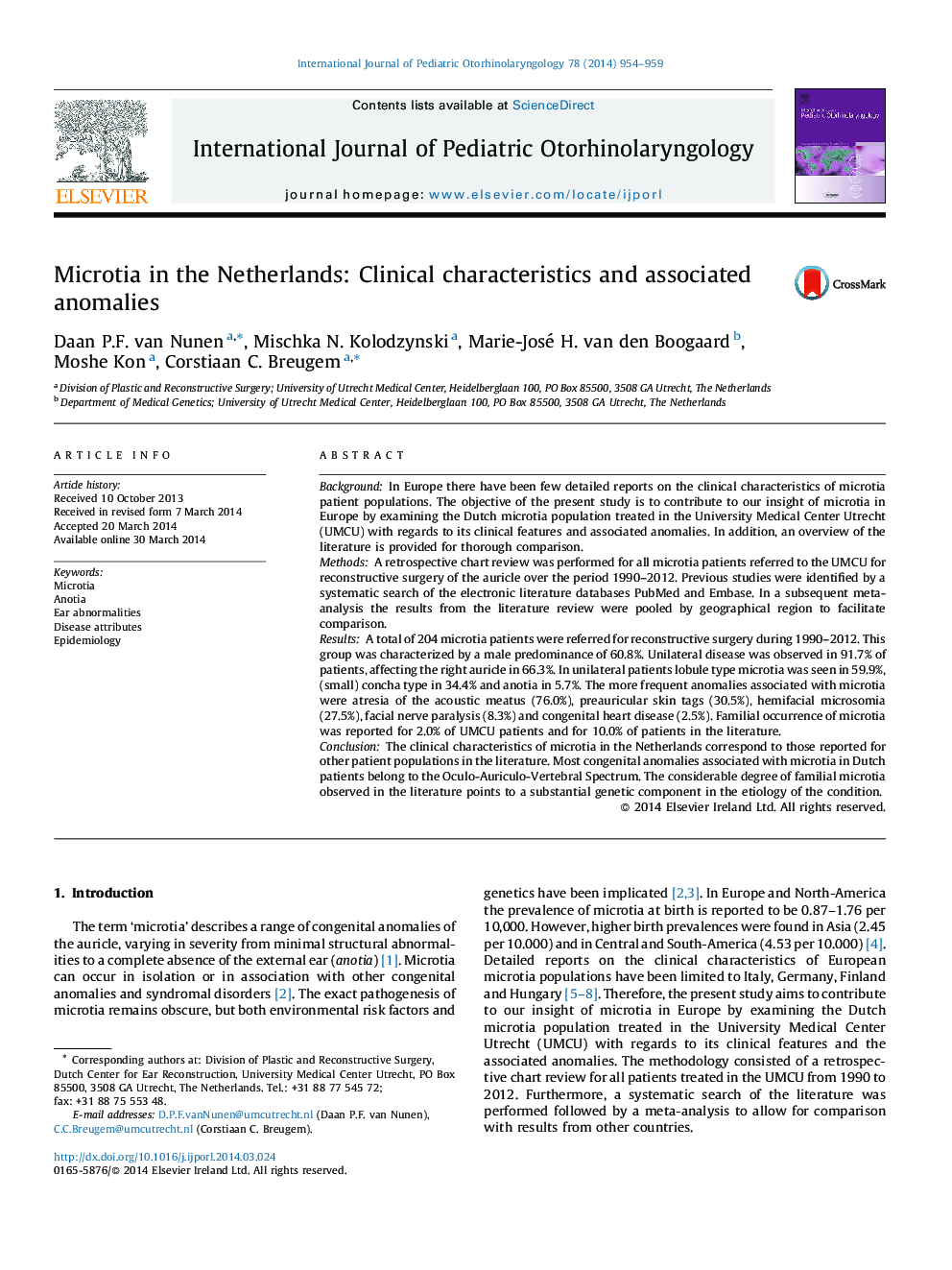 Microtia in the Netherlands: Clinical characteristics and associated anomalies