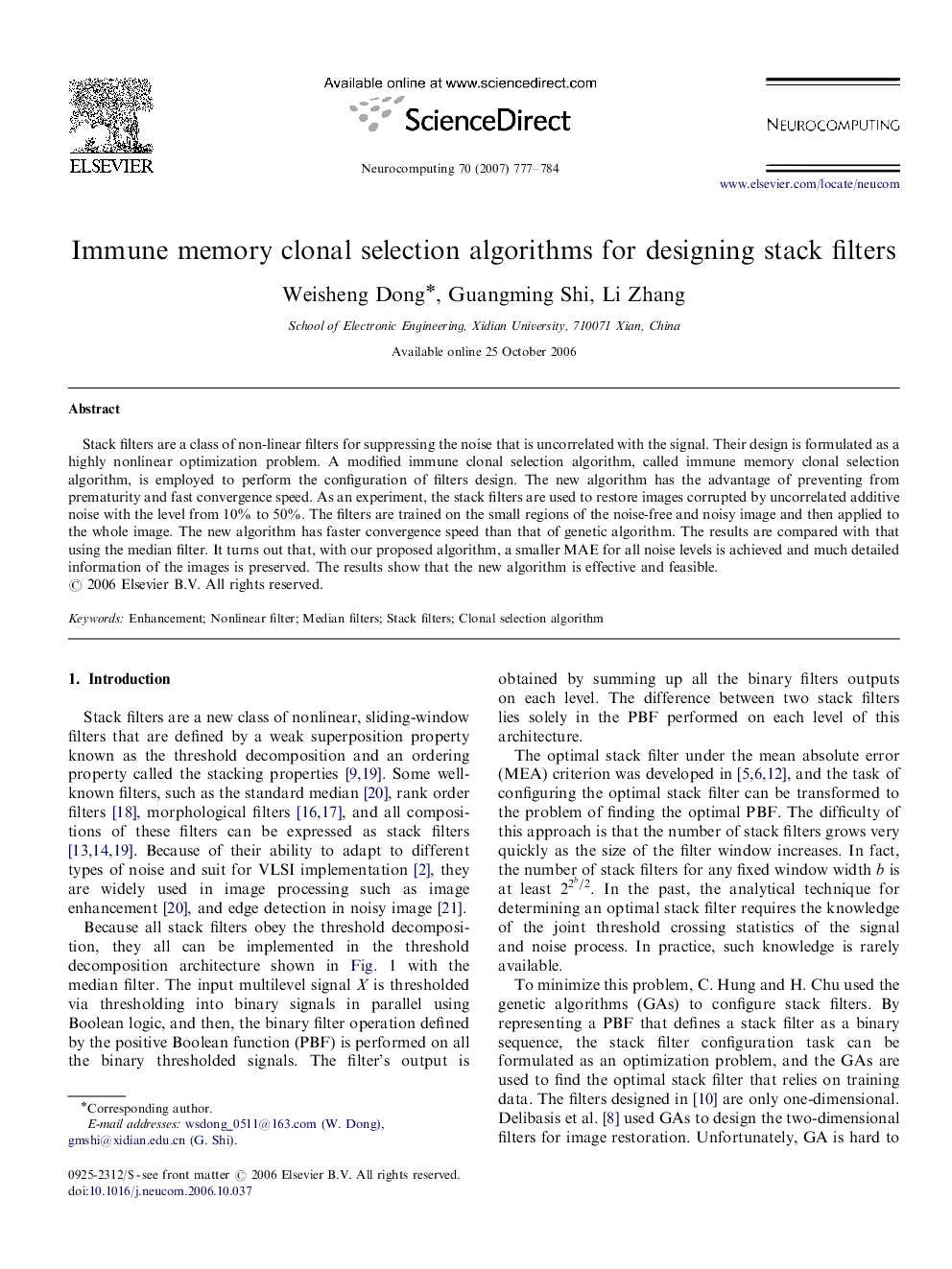 Immune memory clonal selection algorithms for designing stack filters