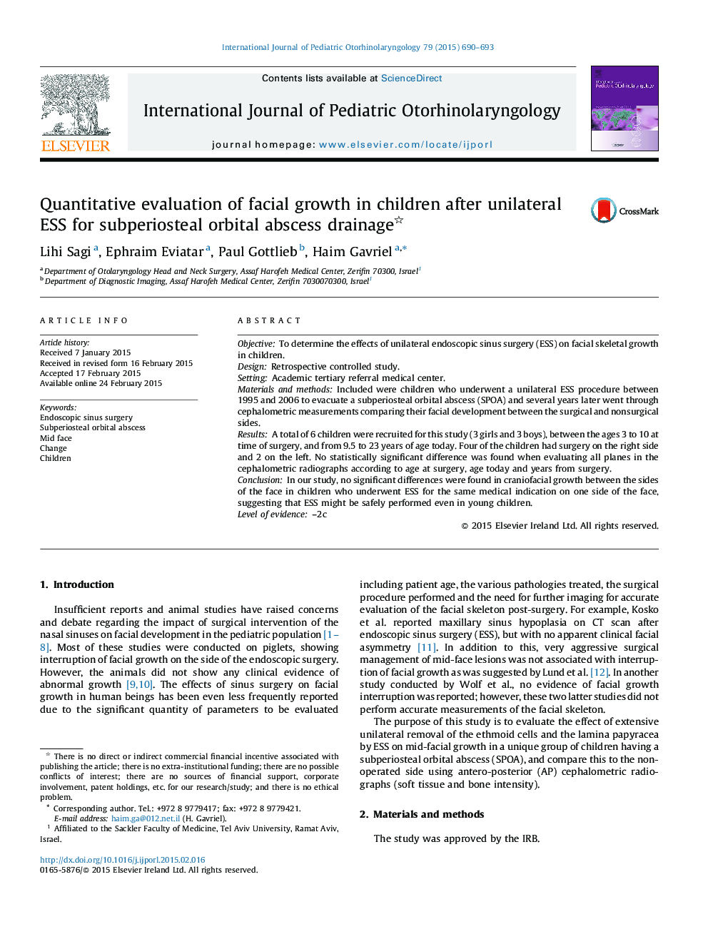 Quantitative evaluation of facial growth in children after unilateral ESS for subperiosteal orbital abscess drainage 