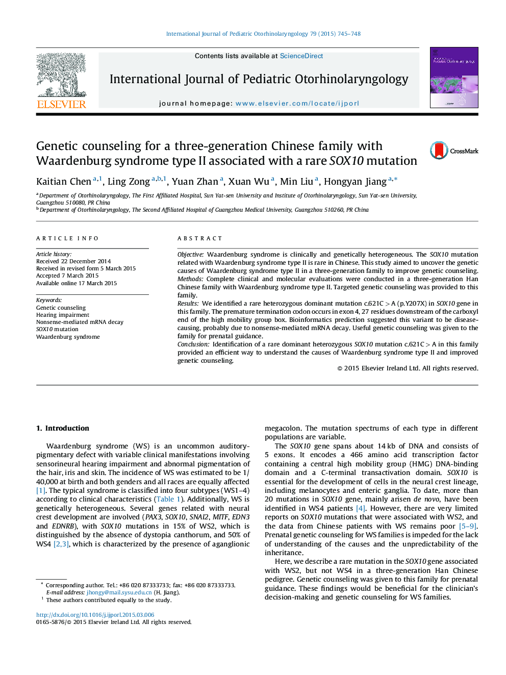 Genetic counseling for a three-generation Chinese family with Waardenburg syndrome type II associated with a rare SOX10 mutation