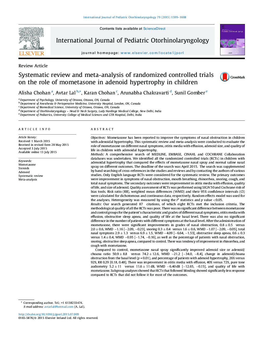 Systematic review and meta-analysis of randomized controlled trials on the role of mometasone in adenoid hypertrophy in children