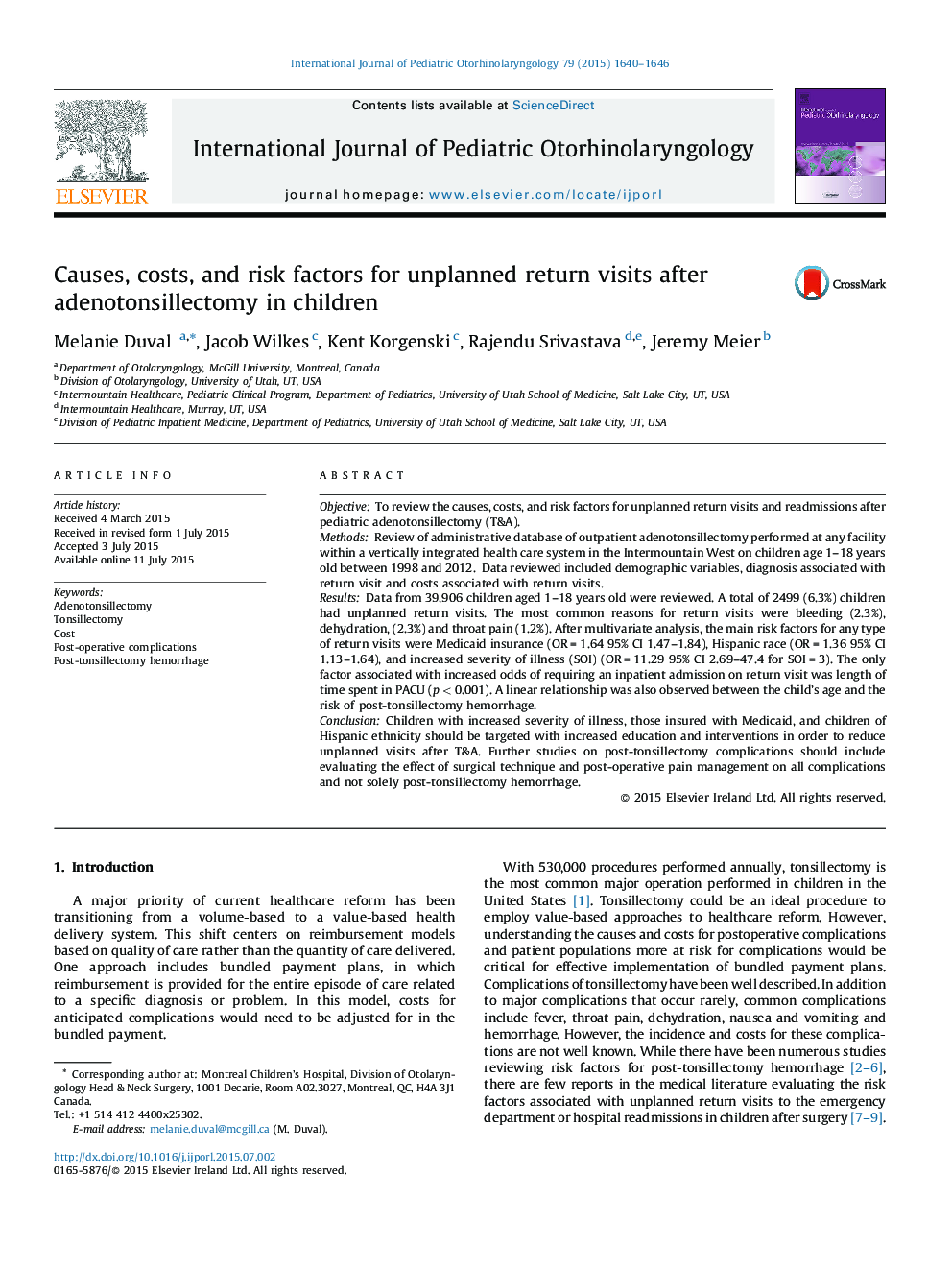 Causes, costs, and risk factors for unplanned return visits after adenotonsillectomy in children