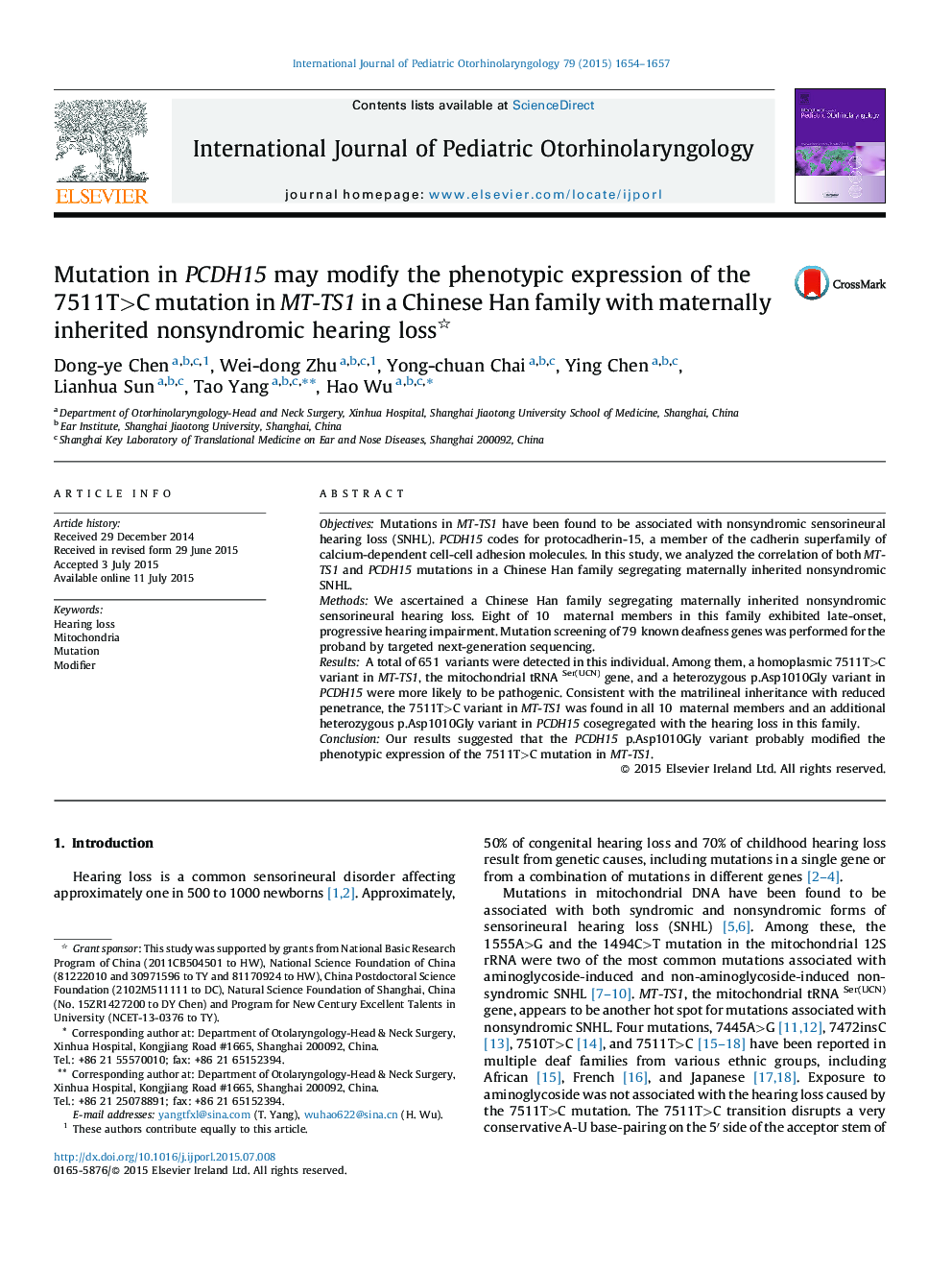 Mutation in PCDH15 may modify the phenotypic expression of the 7511T>C mutation in MT-TS1 in a Chinese Han family with maternally inherited nonsyndromic hearing loss 