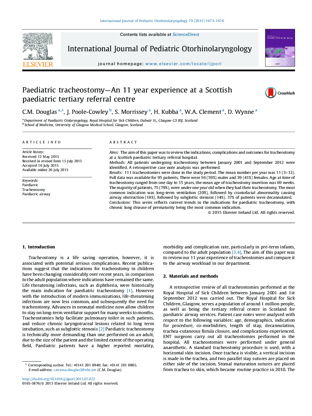 Paediatric tracheostomy—An 11 year experience at a Scottish paediatric tertiary referral centre