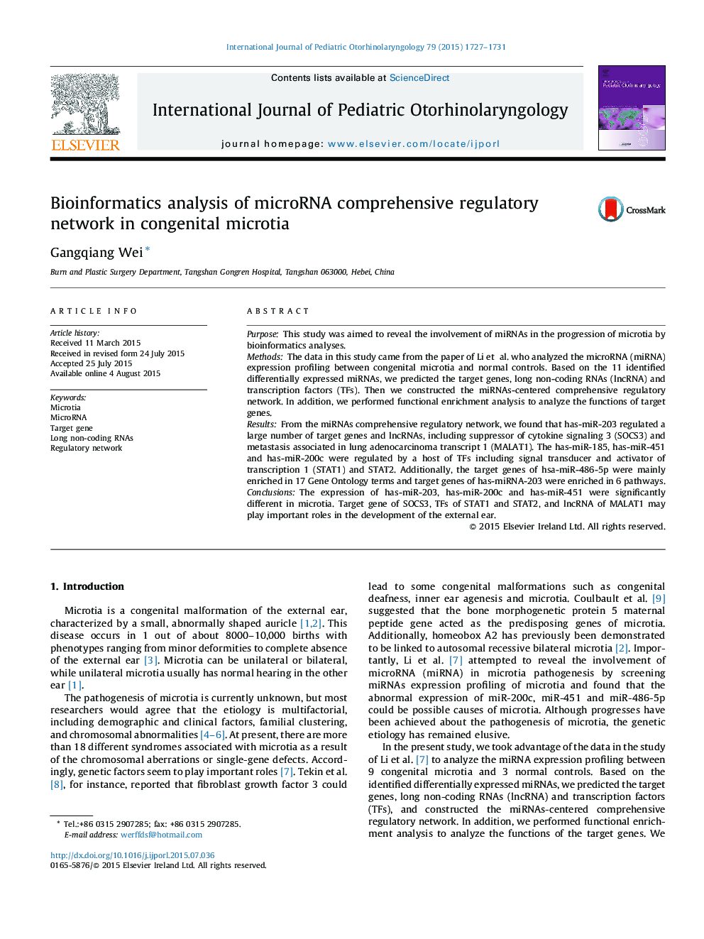 Bioinformatics analysis of microRNA comprehensive regulatory network in congenital microtia