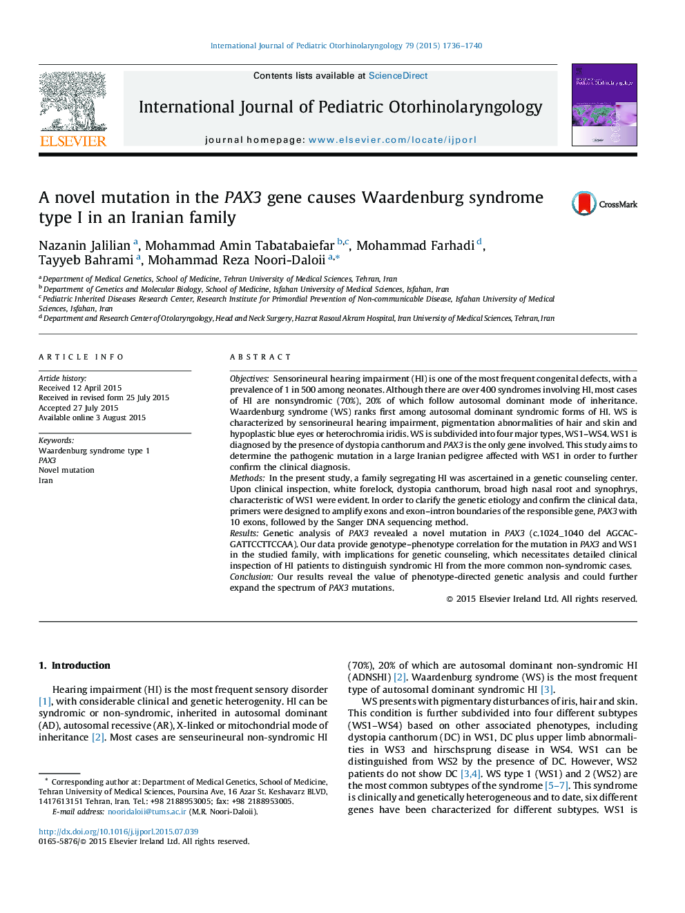 A novel mutation in the PAX3 gene causes Waardenburg syndrome type I in an Iranian family