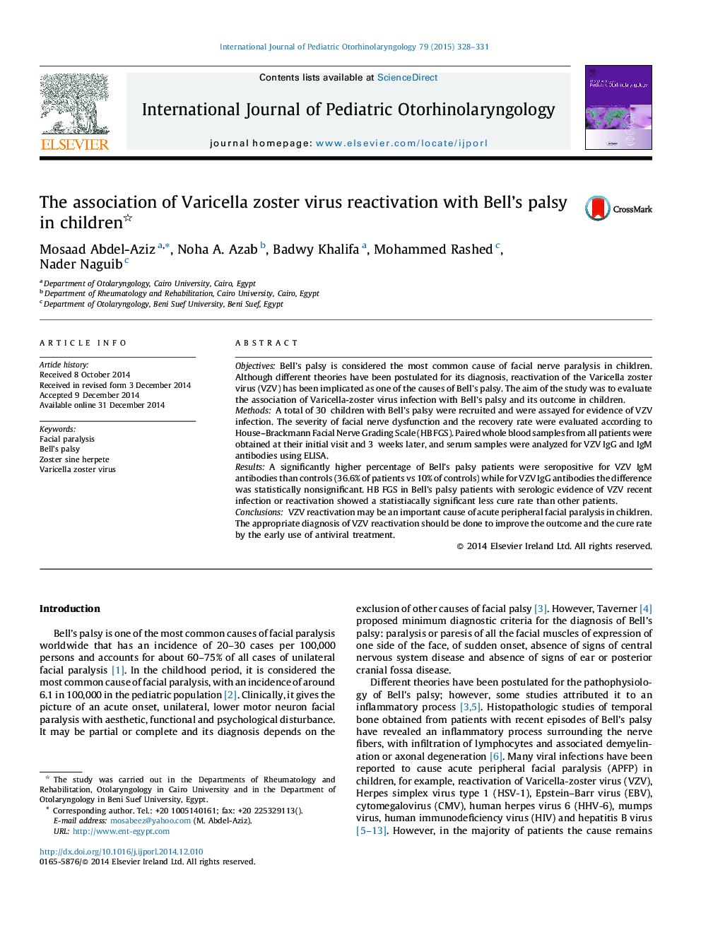 The association of Varicella zoster virus reactivation with Bell's palsy in children 