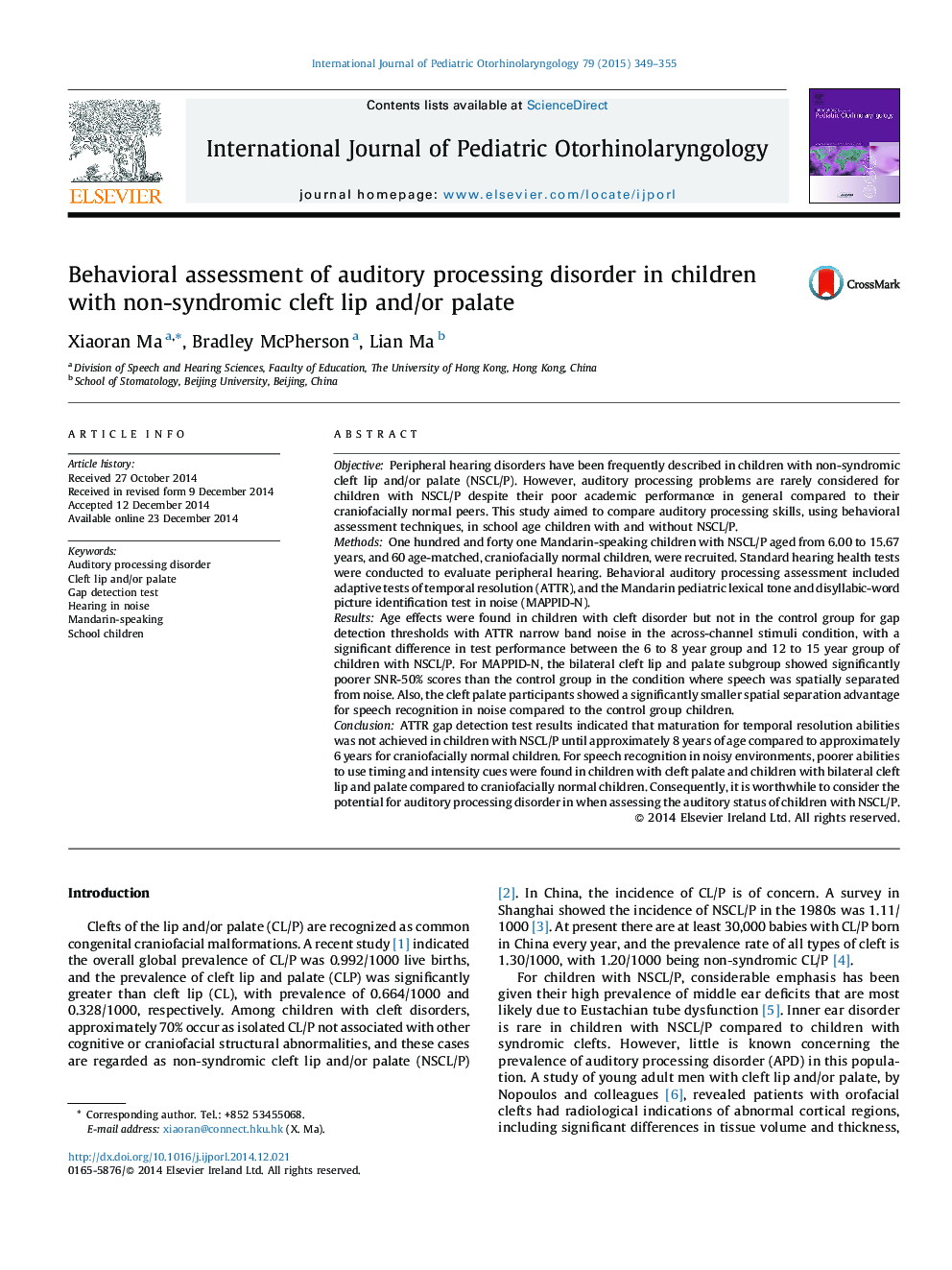Behavioral assessment of auditory processing disorder in children with non-syndromic cleft lip and/or palate