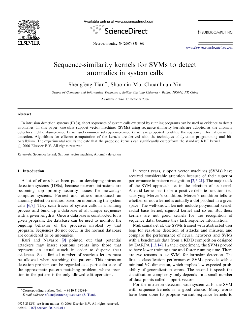 Sequence-similarity kernels for SVMs to detect anomalies in system calls