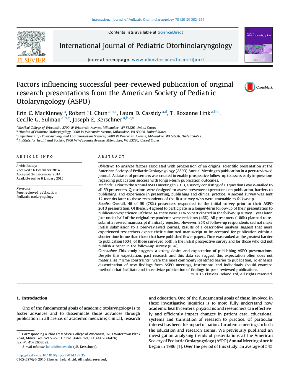 Factors influencing successful peer-reviewed publication of original research presentations from the American Society of Pediatric Otolaryngology (ASPO)