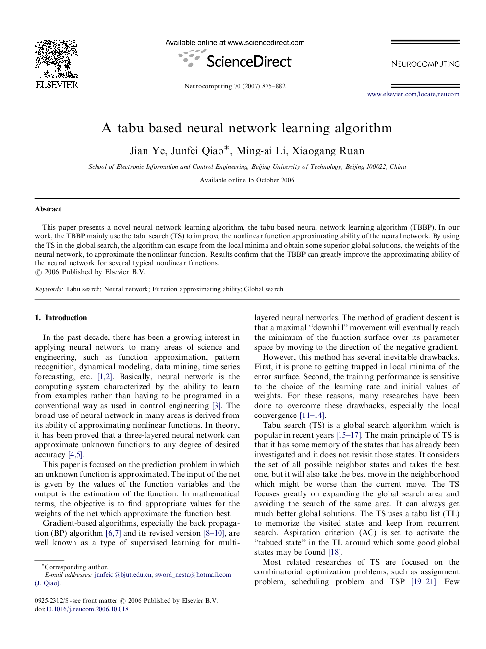 A tabu based neural network learning algorithm