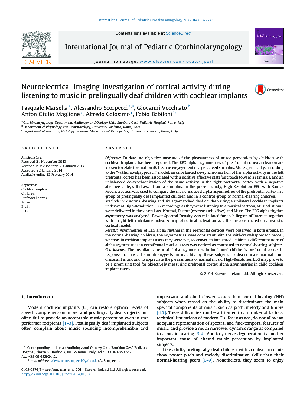 Neuroelectrical imaging investigation of cortical activity during listening to music in prelingually deaf children with cochlear implants