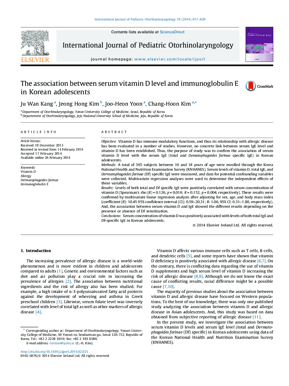 The association between serum vitamin D level and immunoglobulin E in Korean adolescents