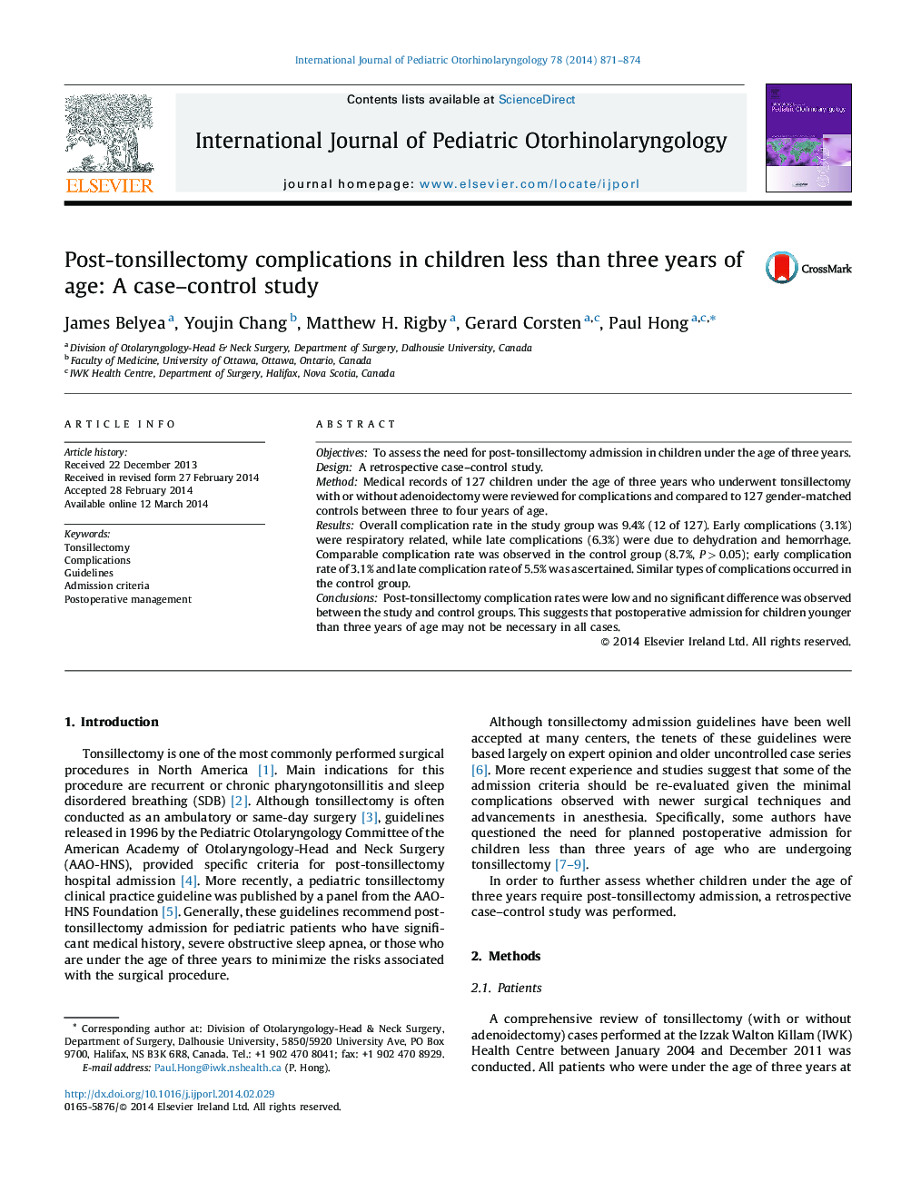 Post-tonsillectomy complications in children less than three years of age: A case–control study