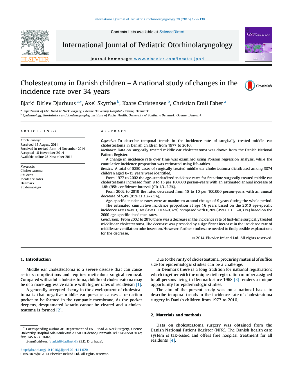 Cholesteatoma in Danish children – A national study of changes in the incidence rate over 34 years