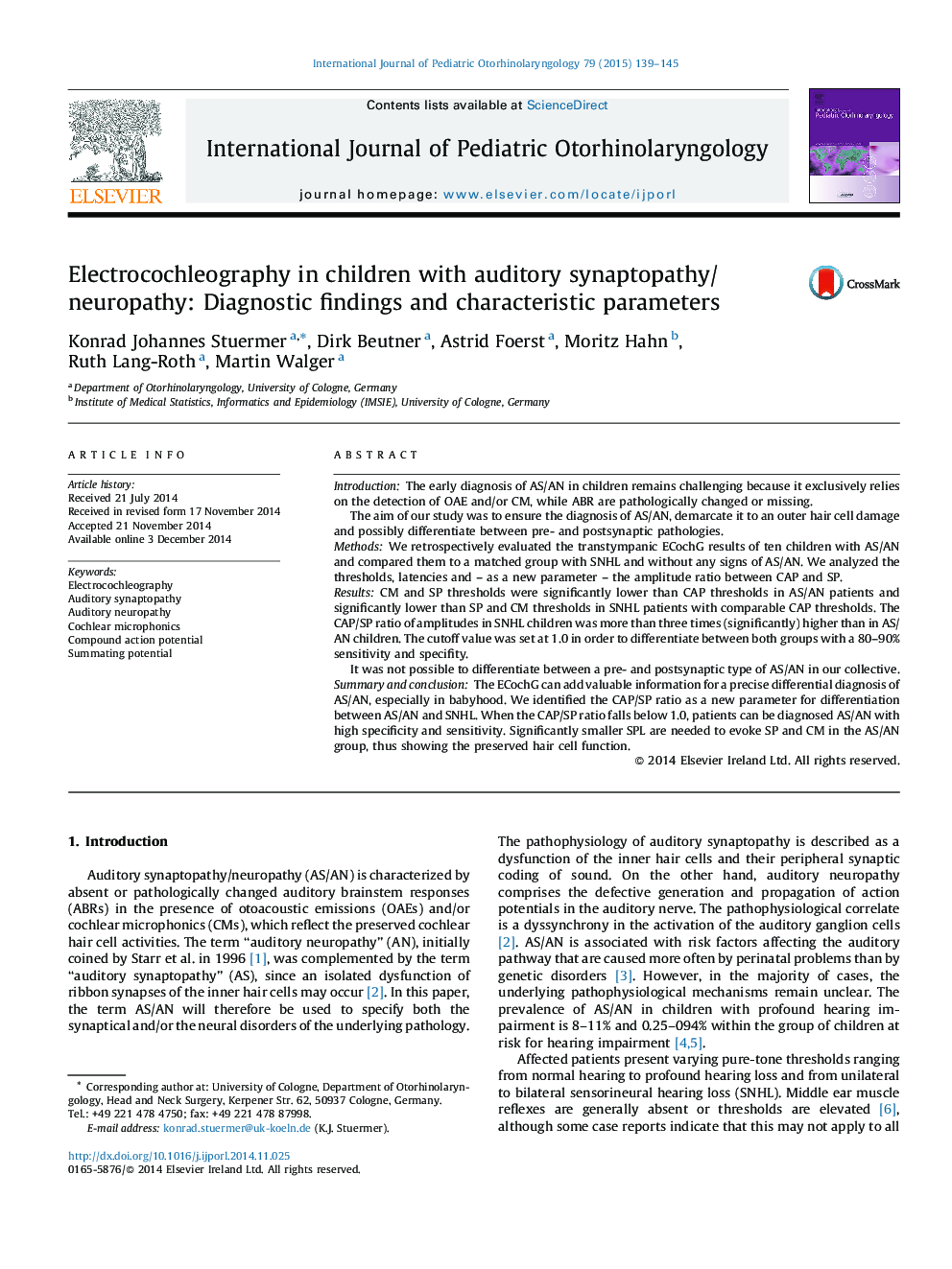 Electrocochleography in children with auditory synaptopathy/neuropathy: Diagnostic findings and characteristic parameters