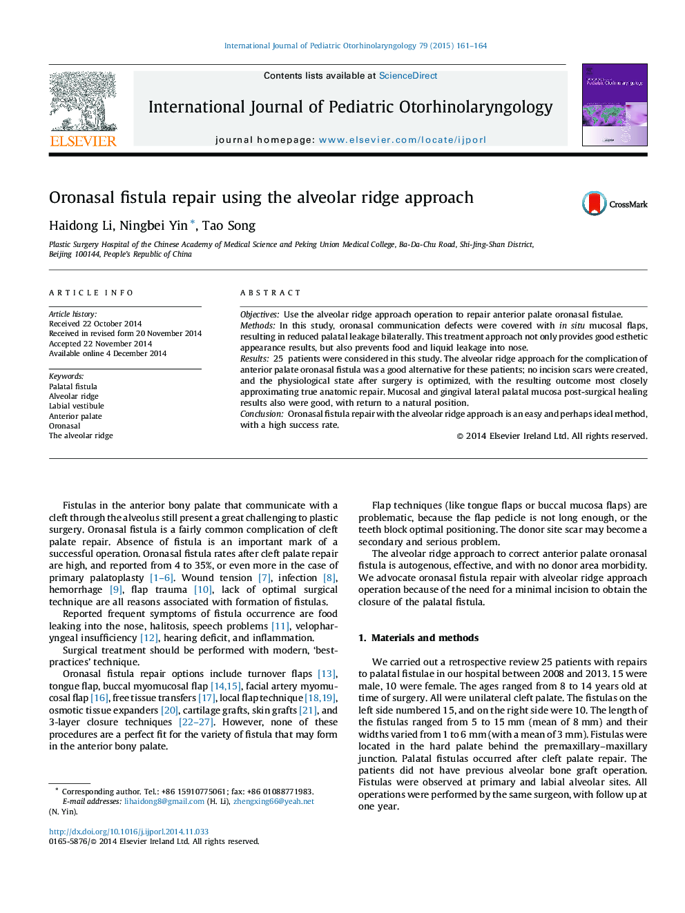 Oronasal fistula repair using the alveolar ridge approach