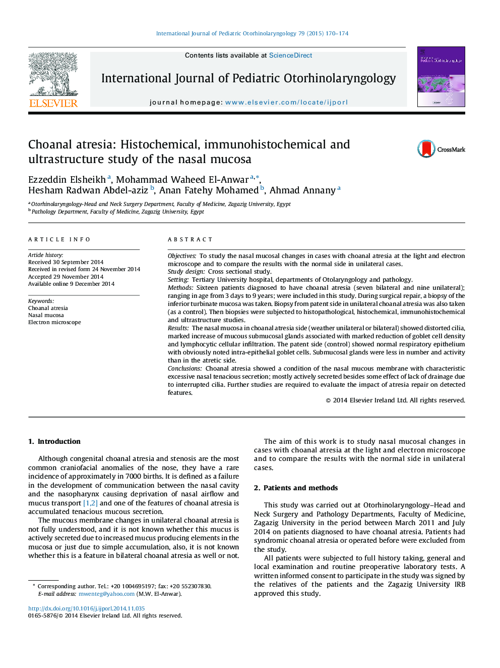 Choanal atresia: Histochemical, immunohistochemical and ultrastructure study of the nasal mucosa