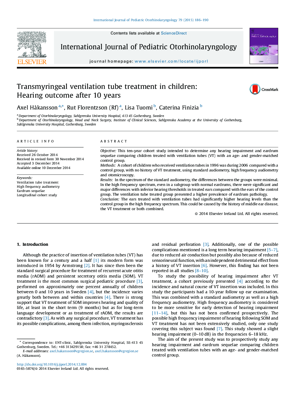 Transmyringeal ventilation tube treatment in children: Hearing outcome after 10 years