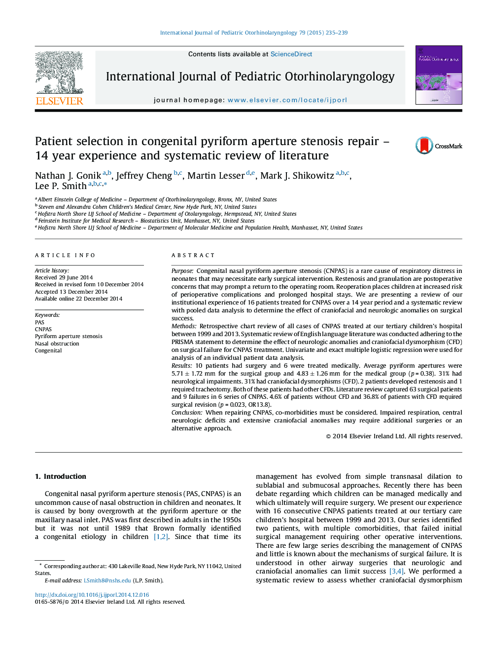 Patient selection in congenital pyriform aperture stenosis repair – 14 year experience and systematic review of literature