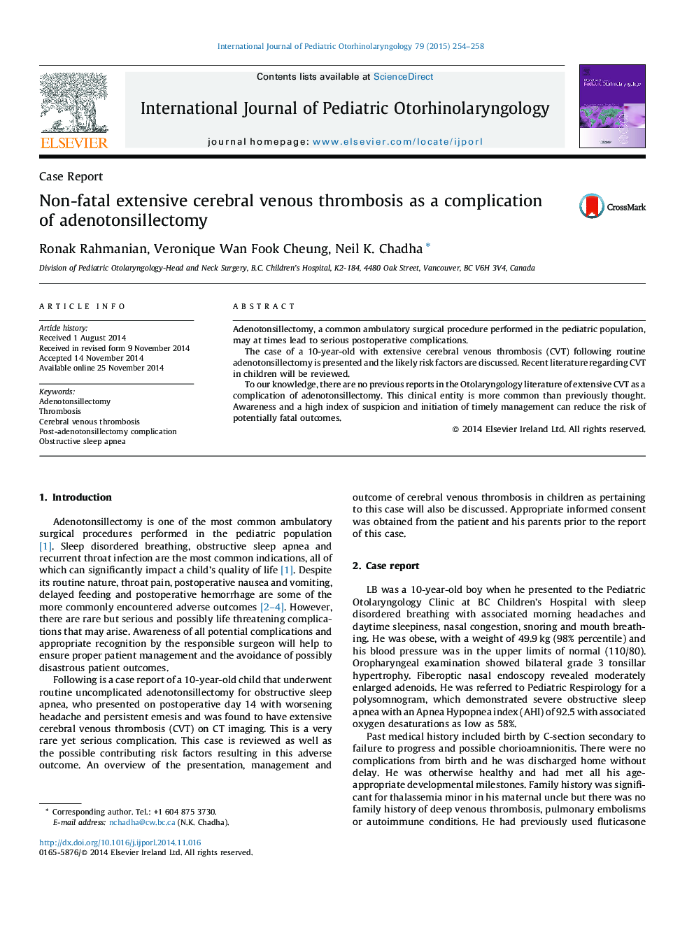 Non-fatal extensive cerebral venous thrombosis as a complication of adenotonsillectomy