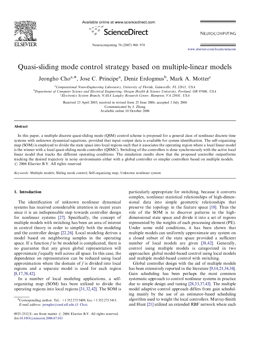 Quasi-sliding mode control strategy based on multiple-linear models