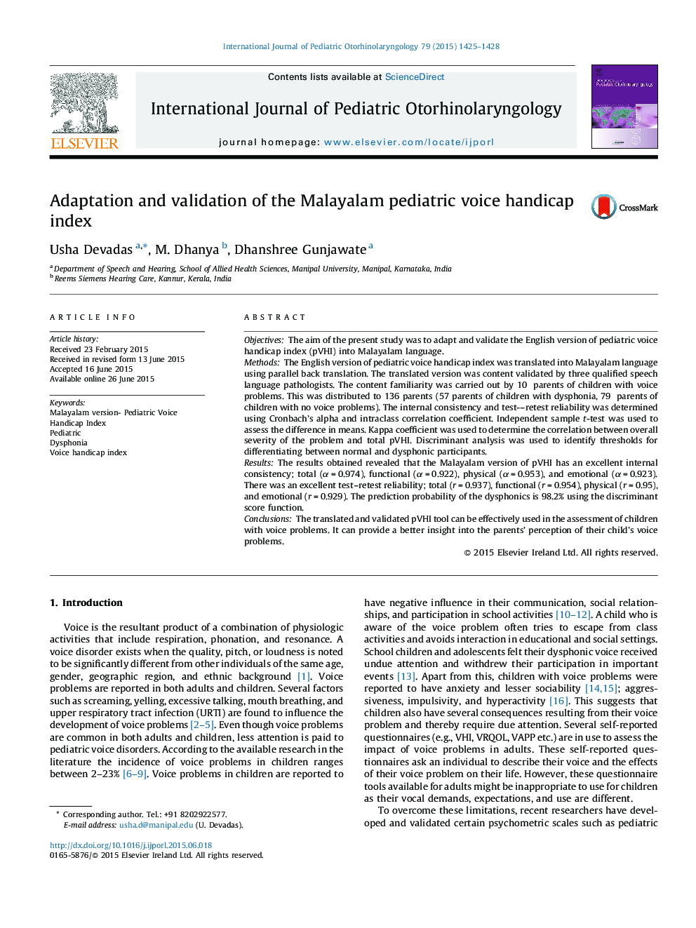 Adaptation and validation of the Malayalam pediatric voice handicap index