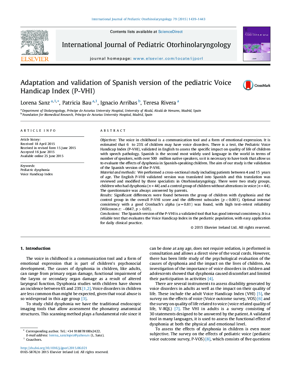Adaptation and validation of Spanish version of the pediatric Voice Handicap Index (P-VHI)