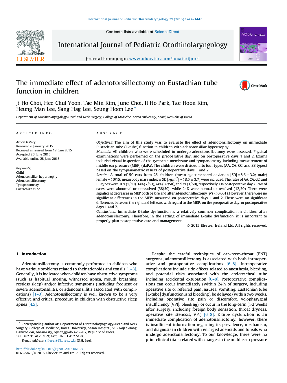 The immediate effect of adenotonsillectomy on Eustachian tube function in children