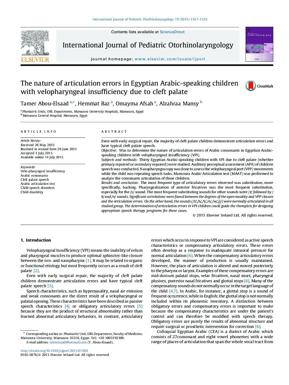 The nature of articulation errors in Egyptian Arabic-speaking children with velopharyngeal insufficiency due to cleft palate