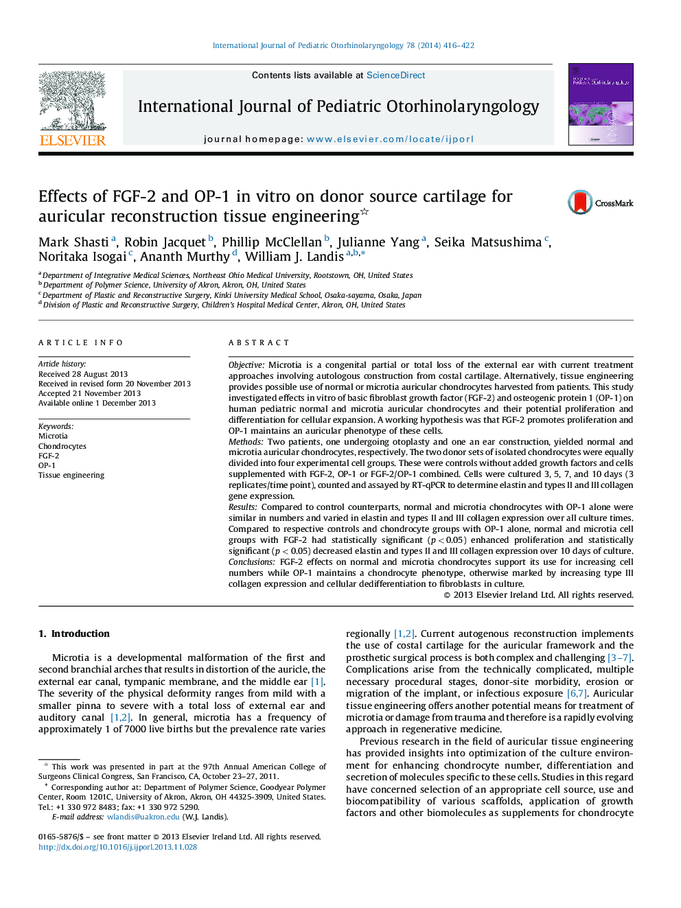 عکس صفحه اول مقاله: Effects of FGF-2 and OP-1 in vitro on donor source cartilage for auricular reconstruction tissue engineering Effects of FGF-2 and OP-1 in vitro on donor source cartilage for auricular reconstruction tissue engineering