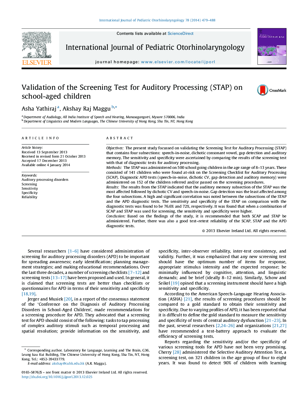 Validation of the Screening Test for Auditory Processing (STAP) on school-aged children