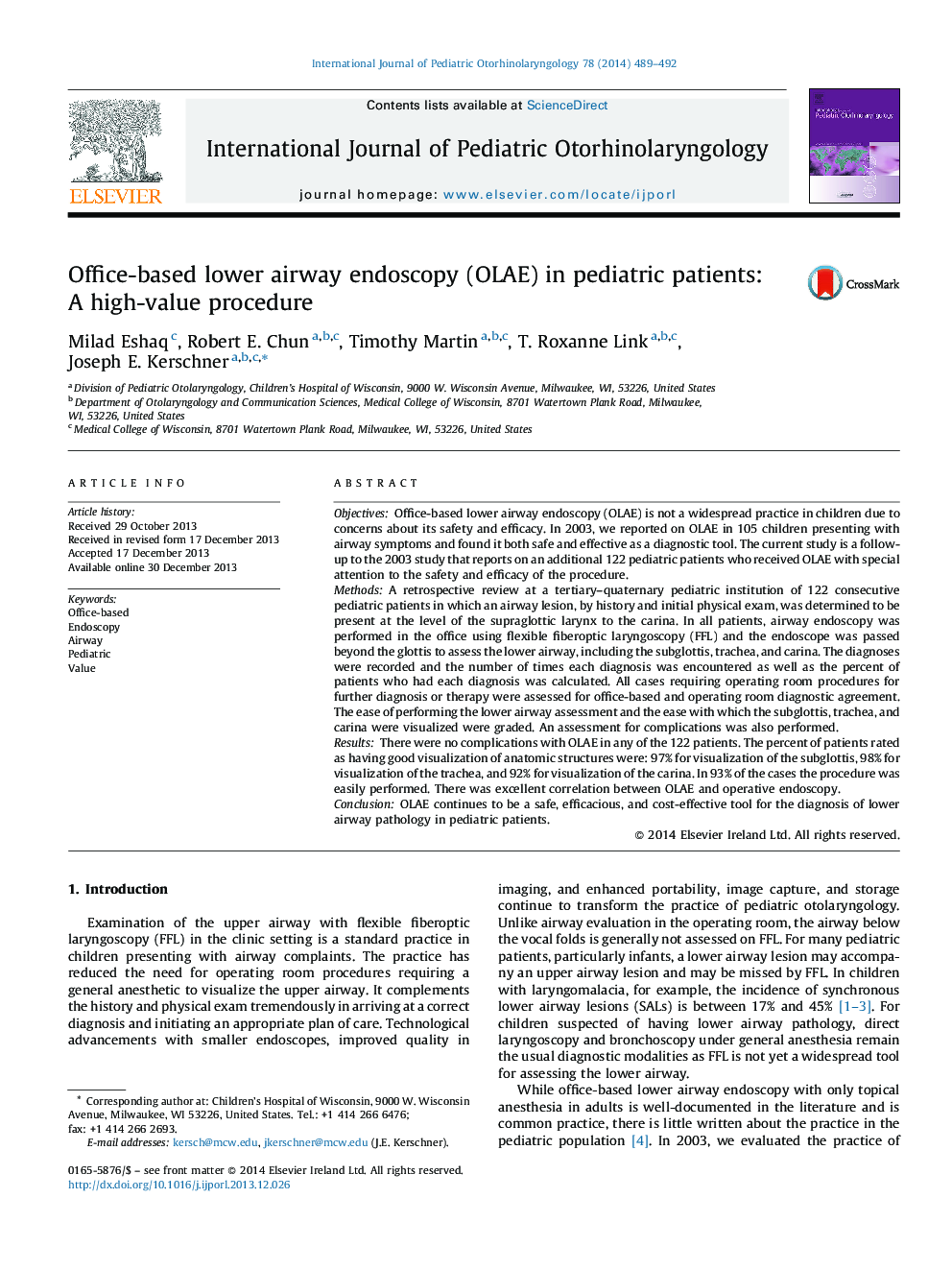 Office-based lower airway endoscopy (OLAE) in pediatric patients: A high-value procedure