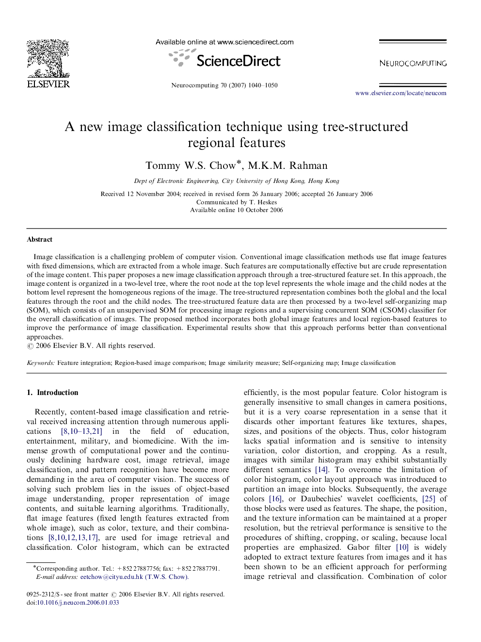 A new image classification technique using tree-structured regional features