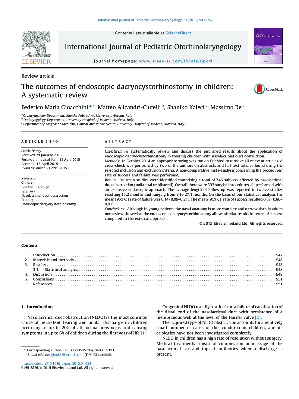 The outcomes of endoscopic dacryocystorhinostomy in children: A systematic review