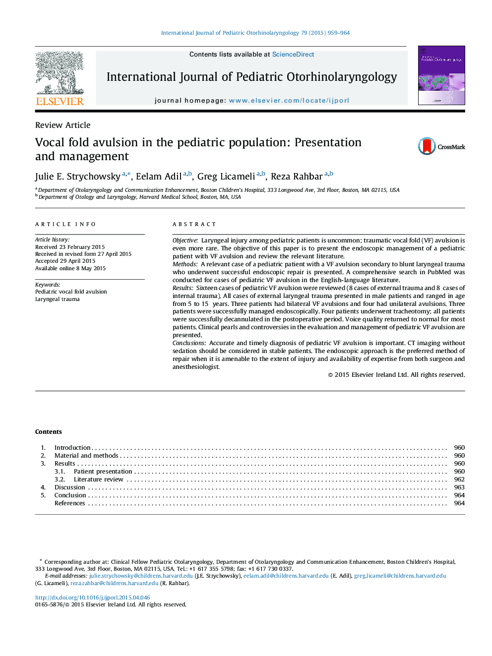 Vocal fold avulsion in the pediatric population: Presentation and management