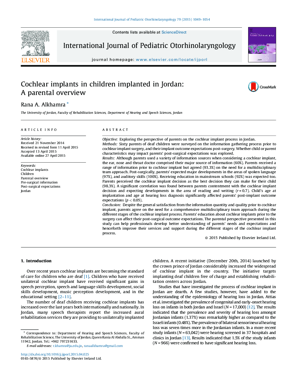 Cochlear implants in children implanted in Jordan: A parental overview