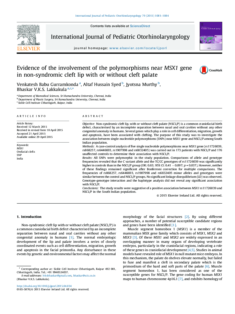 Evidence of the involvement of the polymorphisms near MSX1 gene in non-syndromic cleft lip with or without cleft palate