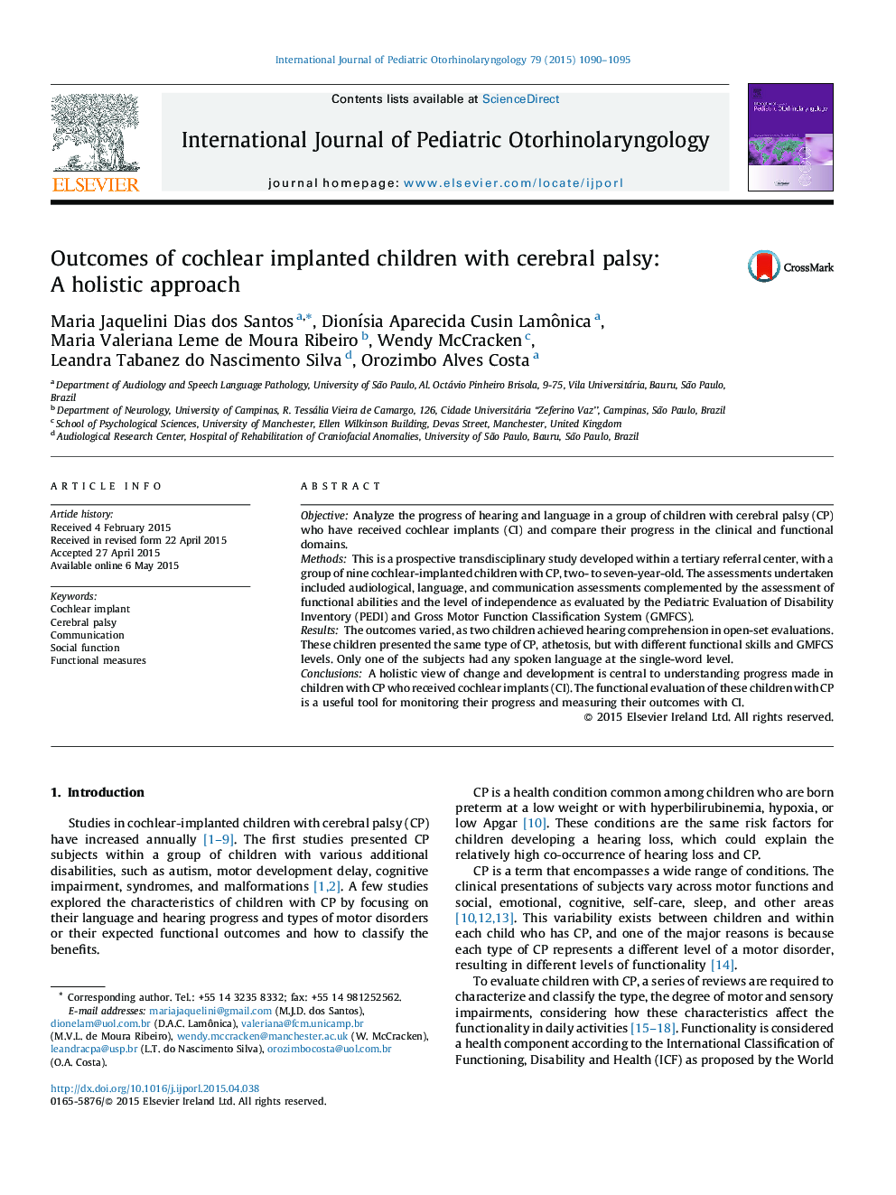 Outcomes of cochlear implanted children with cerebral palsy: A holistic approach