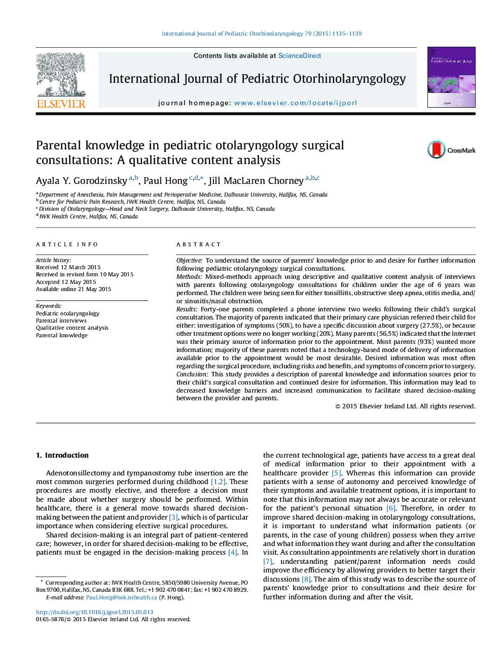 Parental knowledge in pediatric otolaryngology surgical consultations: A qualitative content analysis