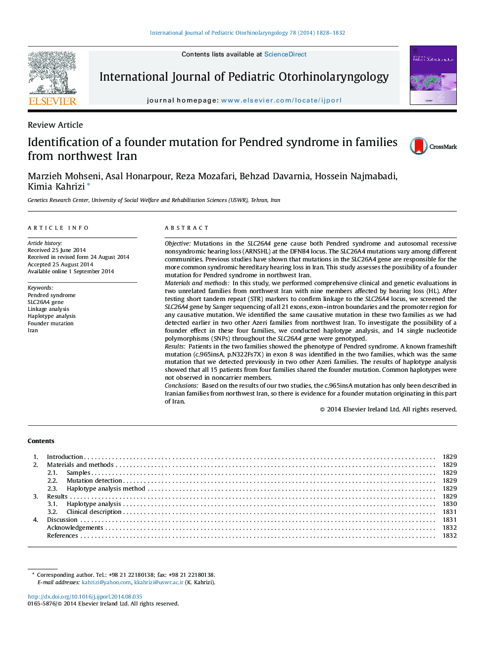 Identification of a founder mutation for Pendred syndrome in families from northwest Iran