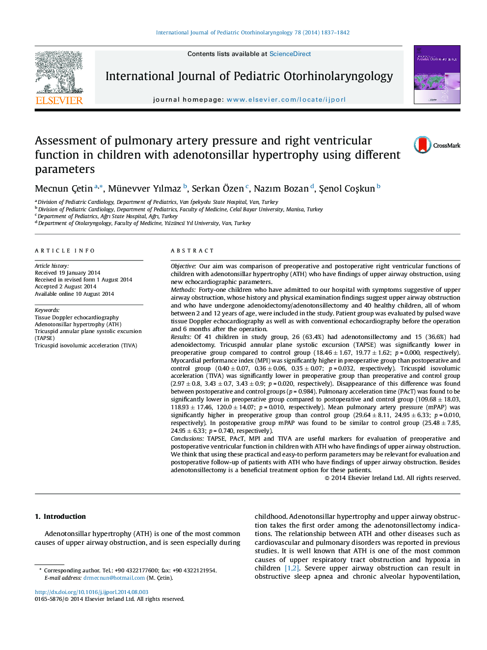 Assessment of pulmonary artery pressure and right ventricular function in children with adenotonsillar hypertrophy using different parameters